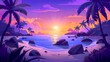 An evening landscape on a tropical beach with palm trees, rocks and sand under a purple sky as the sun goes down on the water edge. This is a modern illustration of a sunset on the shore of a