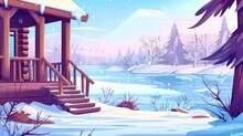 In The Winter, Ice Forms On A River, Trees Are Surrounded By Snow, And A House Terrace With A Staircase And Balustrade Overlooks A Frozen Lake. Modern Illustration Of A Winter Mountain Landscape With