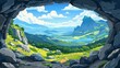 This cartoon modern illustration shows a view from underground cave in a mountain with panoramic view of green valley with blue sky. A hidden underground cavern with a clear lake inside is shown as a