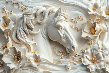 Wall Mural - abstract relief design with a horse and flowers, white and gold