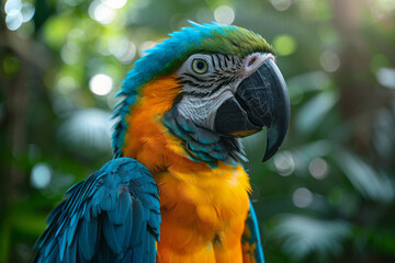 Aufkleber - A close-up of a colorful parrot in the Amazon, chatting vocally with its companions, the lush jungle