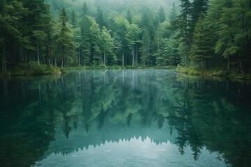 Poster - A photograph of a forest reflected in a perfectly still lake, the scene so clear it becomes difficul