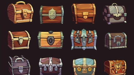 pirate loot, gui design elements, cartoon modern illustration of treasure chests, game trunks and wo