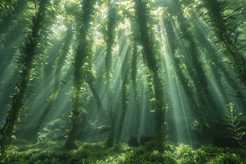 Fototapete - A photograph of a kelp forest with sunlight filtering down through the tall algae, creating a dynami
