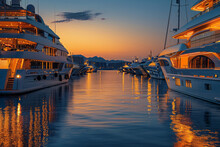 A Photograph Of A Luxury Yacht Marina At Dusk, The Boats Illuminated And Reflecting On The Calm Wate