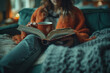 A close-up of a person reading a self-help book in a cozy home environment, accompanied by a soothin