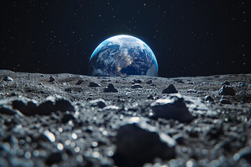 Poster - A photograph of Earth as seen from the Moon, the planet appearing as a bright blue marble against th