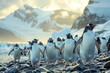 A scene capturing the quirky sight of a group of penguins waddling along an icy landscape, their soc