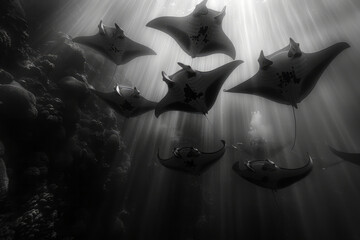 Aufkleber - A scene depicting a group of manta rays gliding through the water, their massive wings creating gent