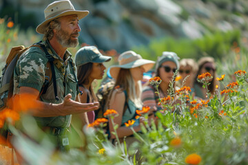 A scene depicting a nature guide leading a group of tourists through a national park, pointing out f