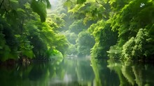A Sparkling Body Of Water Reflecting The Sunlight, Framed By A Lush Canopy Of Green Trees, River Enveloped In The Verdant Beauty Of A Rainforest