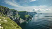 Cliff Overlooking Ocean On A Sunny Day, Rugged Irish Coast Cliffs Facing The Atlantic