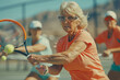 A scene showing a group of senior women playing doubles tennis, their competitive spirit and teamwor