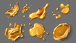 Oil drops and puddles of liquid honey isolated on transparent background. Modern realistic set of organic cosmetic or food oil drips.