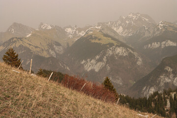 Wall Mural - Frühling im Chablais; Saharastaub trübt den Blick vom Mont Ouzon auf Dent d'Oche und Les Cornettes de Bise