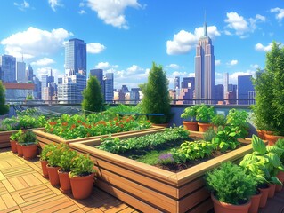 A cityscape with a large building in the background and a garden on top of a building. The garden is filled with various plants and flowers, including a few potted plants. Concept of urban life