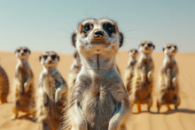 An Image Of A Group Of Meerkats Standing Alertly On Their Hind Legs, Scanning The Desert For Threats