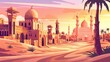 The ancient arab city in the desert at sunset. Modern cartoon illustration of yellow houses, a market, an antique palace, a mosque and palm trees.