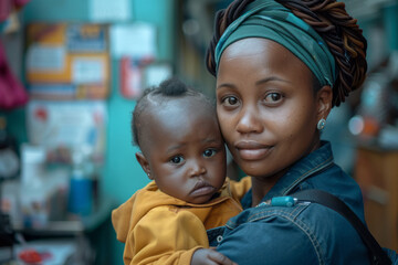 An image of a mother and her baby at a well-baby clinic, receiving vaccinations and growth monitorin