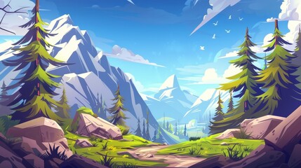 Wall Mural - An illustration of a mountain road and pine trees in a scenic natural setting. A path is at the bottom of the high rock, a forest of evergreen spruce is near the peak, and a bird flies in the blue