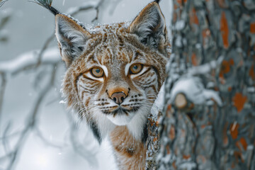 Wall Mural - An image of a secretive lynx with its piercing eyes, hidden partially behind a tree in a snowy fores