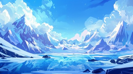 Wall Mural - Modern illustration of a winter mountain scene with a frozen lake. Blue ice on the surface of the water, snow on the rocky peaks, fluffy white clouds in the sky. Scenic north pole view. Background