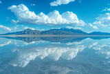 Fototapeta Natura - A panoramic shot of a salt flat after rainfall, the shallow water creating a perfect reflection of t