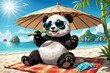 A cute panda who wears sunglasses and enjoys a vacation while eating bamboo under a parasol by the beach, Generative AI