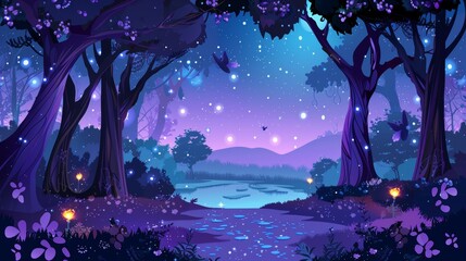 Wall Mural - Cartoon landscape with mystic swamp and night magic forest. Fantasy enchanted woodland landscape with path to lake with firefly. Mysterious purple fairy panoramic gui environment scene with no one