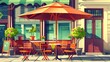 Cartoon modern illustration of an outdoor cafe terrace in summer. Bistro building facade with chairs and umbrellas on the sidewalk. An urban veranda with parasol on the sidewalk.