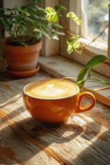 Sticker - A Cup of Coffee on Wooden Table