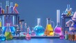 An experiment in a chemical or medical laboratory. Beakers, flasks containing colorful liquids, pipes, and a microscope on the table. Glassware and materials used in lab research.