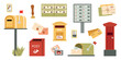 © Hanna Bykova - Mailboxes cute set. Different mailboxes, mail envelope. Postal mailing letterbox hanged on wall or pillar for delivery mailed letter.Vector illustration in hand drawn style. Message, communication.