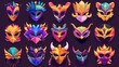 Masks for carnival parties and masquerades with animal shapes and decorations. Cartoon modern illustration set of traditional theater and Mardi Gras festival face mask elements.