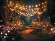 A forest path is lit up with lights and flowers. Scene is warm and inviting
