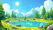 An illustration of a spring scene with blue water in pond, green grass, Pine trees, and sunshine on a cloudy sky with a lake or river in forest. An illustration of spring scenery with blue water in