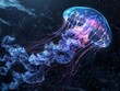 Electric Elegance Artistic Rendering of Jellyfish with Pulsing Electric Veins in Dark Sea