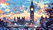 A vibrant collage of the London skyline, including Big Ben and distant buildings, rendered in bold colors 