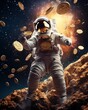 Conceptual artwork featuring an astronaut on a spacewalk, holding a physical Bitcoin, with the Milky Way galaxy sprawling vividly behind
