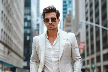 Wall Mural - Luxurious fashionable latin man in the city, copy space of a man in a white suit and sunglasses stands on a city street