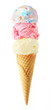 Triple scoop ice cream cone isolated on a white background. Birthday cake, strawberry and vanilla flavors in a waffle cone. Colorful pastels.