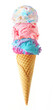 Triple scoop ice cream cone isolated on a white background. Birthday cake, strawberry and cotton candy flavors in a waffle cone. Colorful pastels.