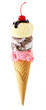 Triple scoop ice cream cone with cherry on top isolated on a white background. Vanilla, chocolate heavenly hash and strawberry flavors in a waffle cone.