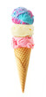 Triple scoop ice cream cone isolated on a white background. Cotton candy, vanilla, and strawberry flavors in a waffle cone. Colorful pastels.
