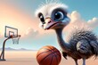 cute sporty happy ostrich playing basketball