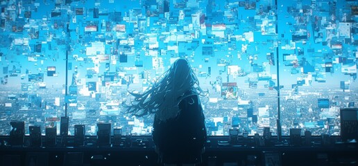 A woman standing in front of a mirror inside an electronic store, the reflection shows her with long blonde hair wearing a black coat. T