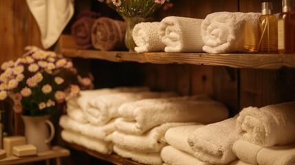 Wall Mural - Soft towels and flowers arranged neatly on a wooden shelf inside