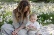 © Алина Троева - Woman mother holds hugs adorable baby at nature blossom, Mother's Day concept.