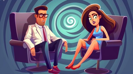 Male doctor conducts hypnotherapy with female patient to induce altered mental state for psychoanalysis. Cartoon mental health therapy concept with psychologist and client in trance.