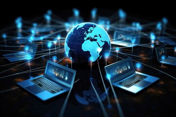 Leinwandbilder - Laptops connected with earth networking background,